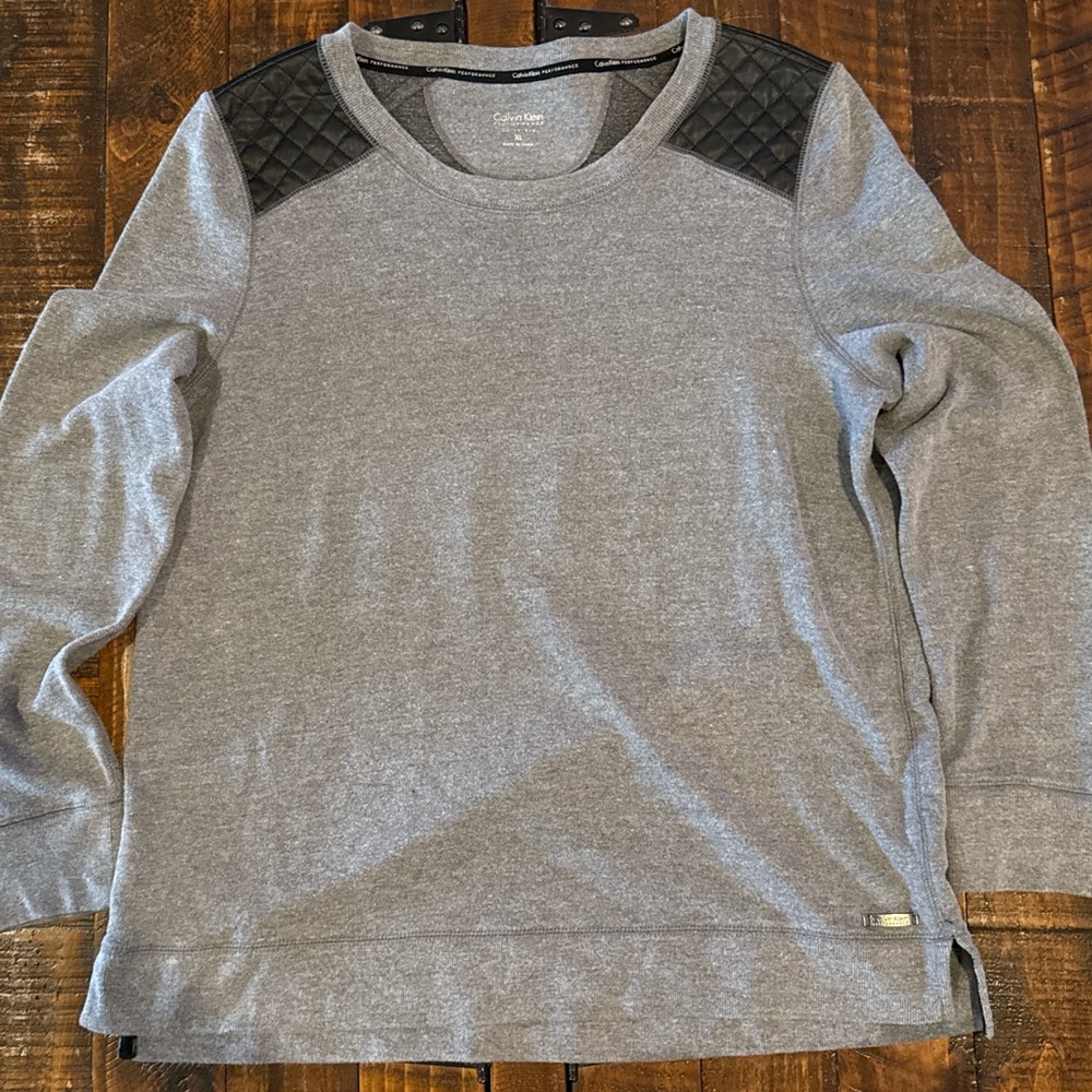 Calvin Klein Performance Gray Crew Neck Sweatshirt XL Faux Leather Shoulders